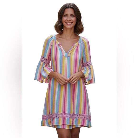 Crown & Ivy Womens XL Bell Sleeve Shirt Dress Pastel Rainbow Stripe Boho Crochet - Picture 1 of 10